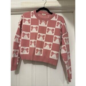 Debut Women's Checkered Pink Bow Sweater Size M Coquette Core Soft Girl Y2K